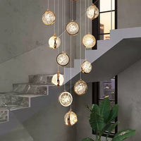 Thumbnail for Transparent bubble ball crystal chandelier with gold spiral and random arrangement design, suitable for stairwells, foyers, entrances, and spaces with high ceilings.