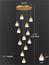 Thumbnail for A 12-light modern diamond prism K9 crystal chandelier with a gold finish and multi-faceted design, suitable for foyers, staircases, and high-ceilinged spaces.