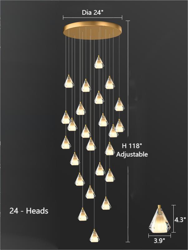 This 24-light diamond prism crystal chandelier features a gold-plated K9 multi-faceted design, suitable for high-ceilinged spaces such as foyers, stairwells, and entryways.