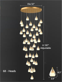 Thumbnail for 
This chandelier features 68 round, gold-colored, diamond-shaped K9 crystal pendants with a multi-faceted design, suitable for foyers, stairwells, entryways, and double-height ceilings.
