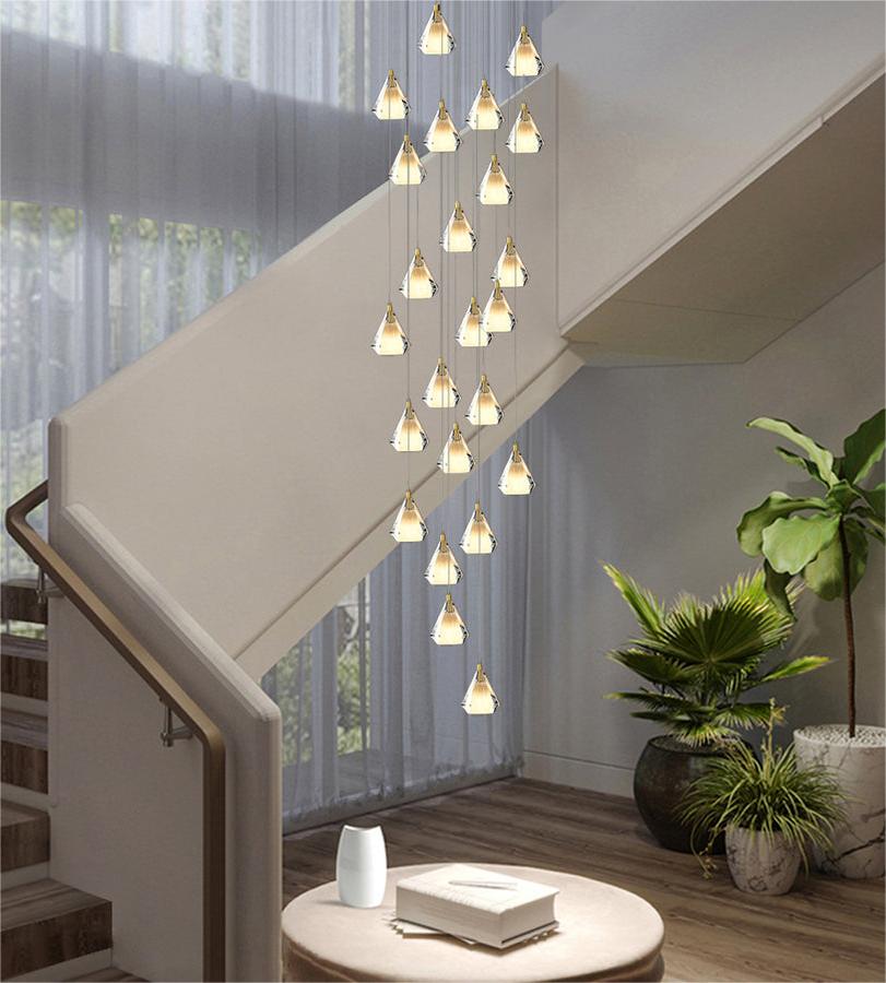 Gold diamond prism K9 crystal chandelier, faceted design with rainbow effect for foyer staircase high ceiling lighting