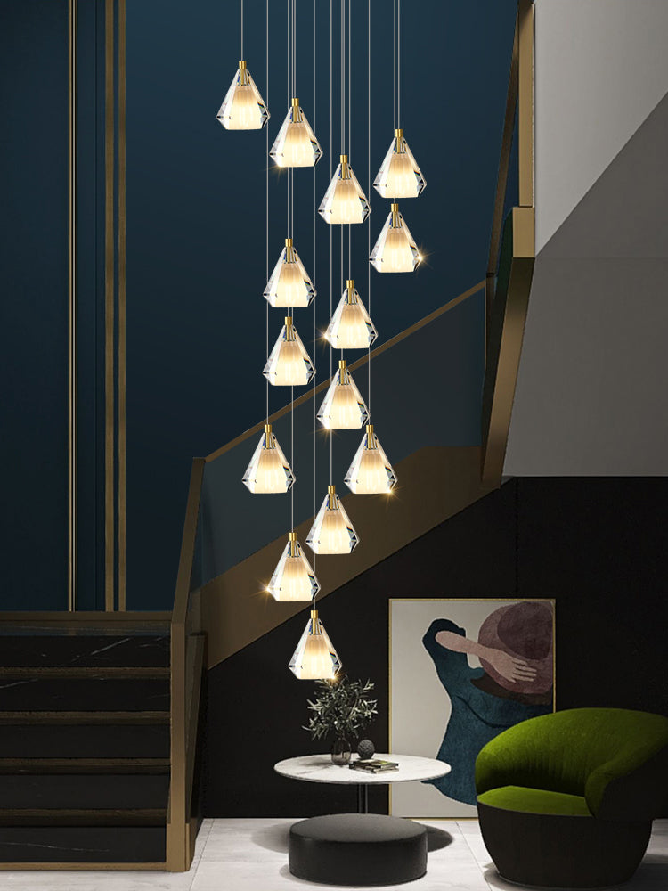 Modern gold diamond prism chandelier for foyer, K9 crystal faceted design for staircase entryway high ceiling lighting