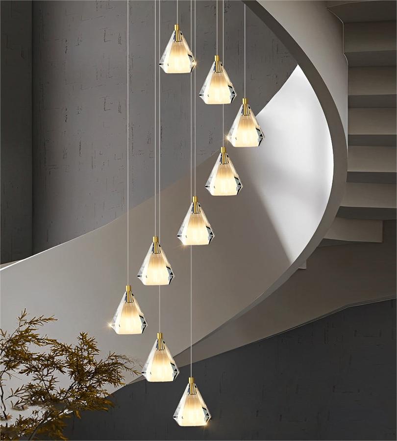 Diamond prism K9 crystal chandelier, gold finish with faceted design for foyer staircase two-story high ceiling lighting