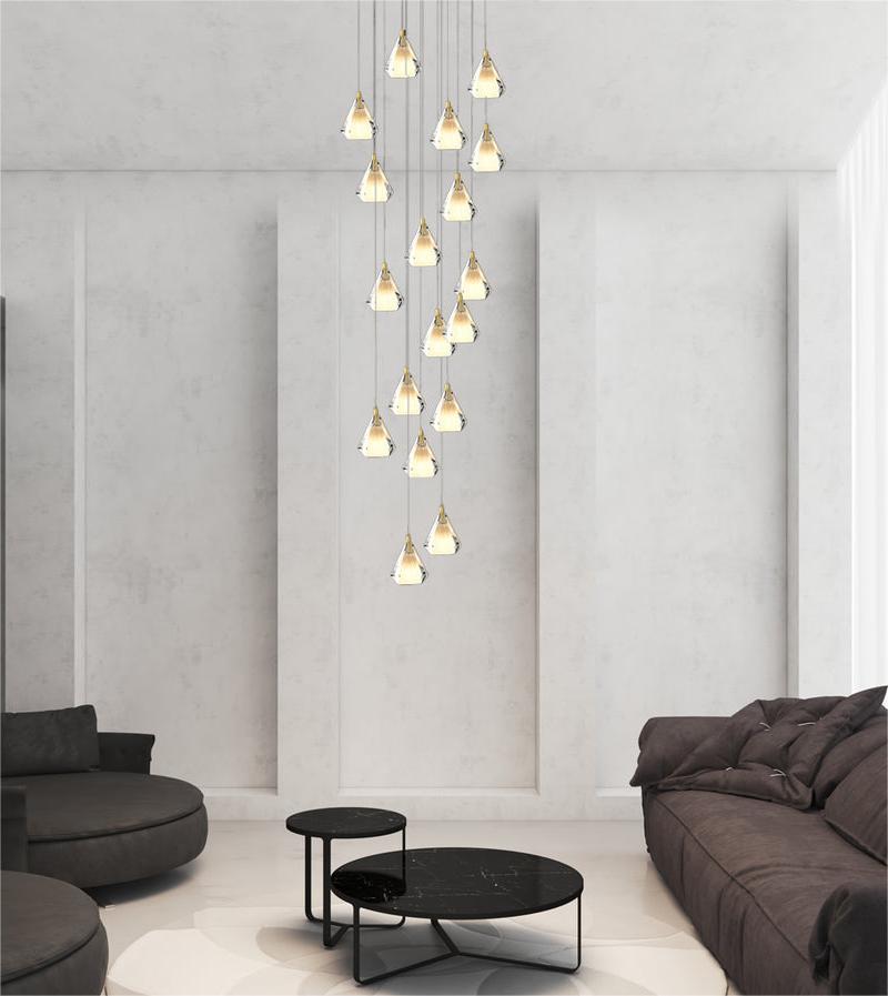 Modern gold diamond prism chandelier for foyer, K9 crystal faceted design for staircase entryway high ceiling lighting
