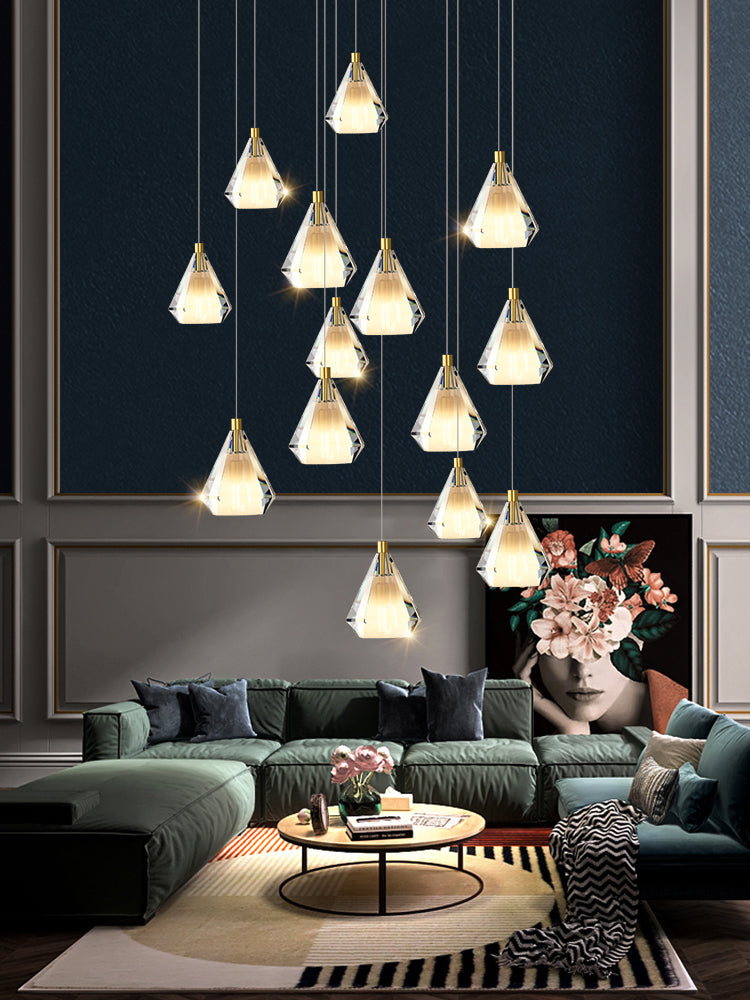 Diamond prism chandelier lights, gold K9 crystal faceted design for foyer staircase entryway two-story high ceiling