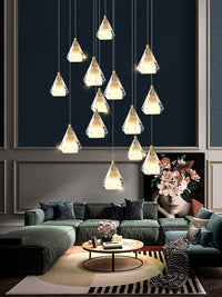 Thumbnail for Diamond prism chandelier lights, gold K9 crystal faceted design for foyer staircase entryway two-story high ceiling