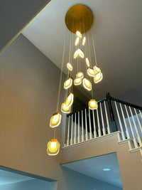 Thumbnail for Gold cascade crystal chandelier lighting in foyer, multi-tier pendant design for entryway staircase high ceiling