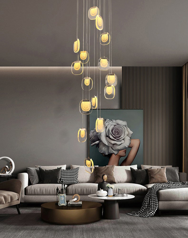 Modern gold cascade crystal chandelier, waterfall pendant design for living room dining room foyer high ceiling lighting