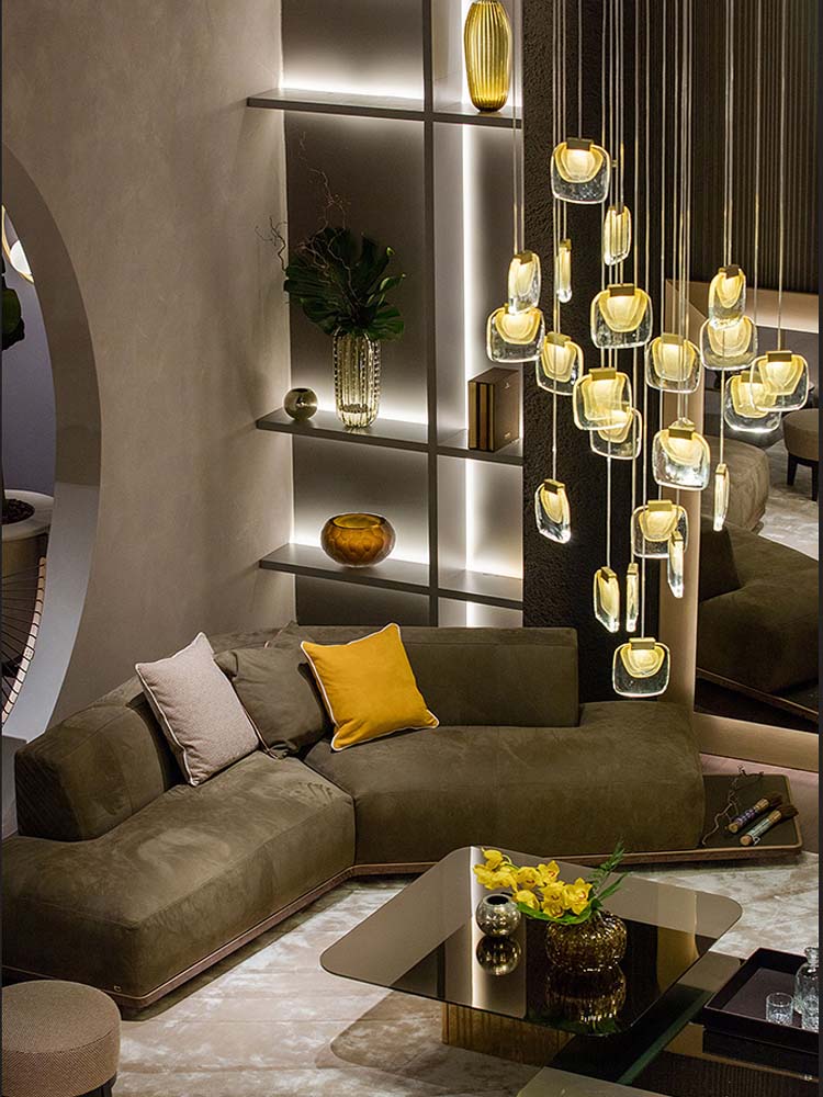 Gold cascade chandelier for dining room, multi-tier crystal pendant fixture for high ceiling modern interior lighting