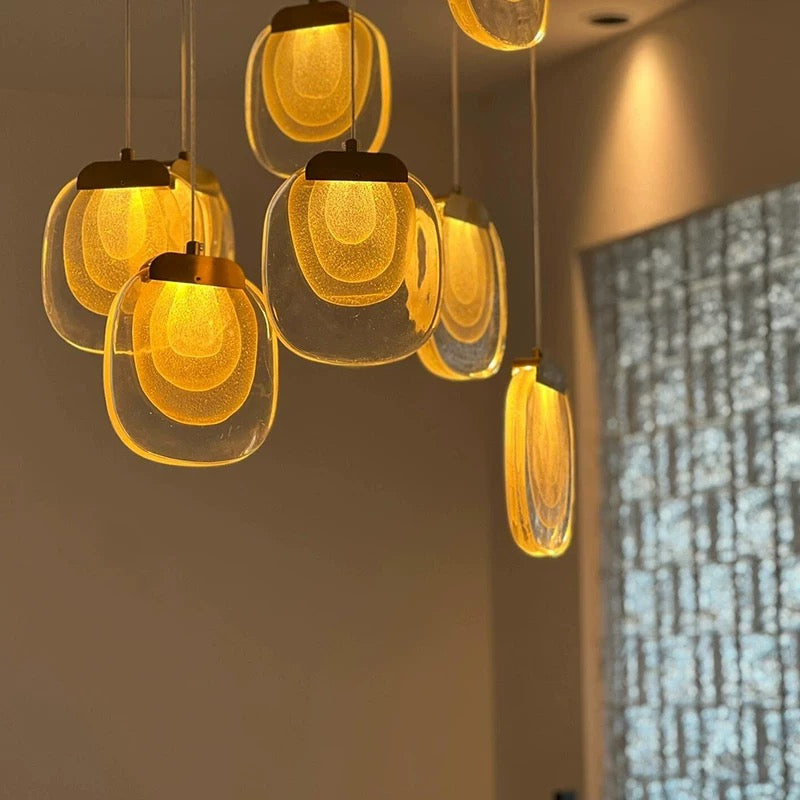 Gold cascade crystal chandelier for dining room, multi-tier pendant design for high ceiling modern interior