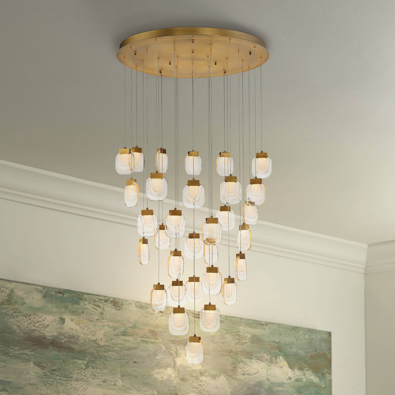 Glamorous gold cascade chandelier for hotel lobby, luxury multi-tier crystal pendant for grand foyer high ceiling