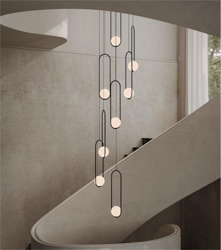 Black 8-light staircase chandelier, random hanging design, frosted white glass, warm LED lighting