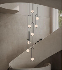 Thumbnail for Black 8-light staircase chandelier, random hanging design, frosted white glass, warm LED lighting