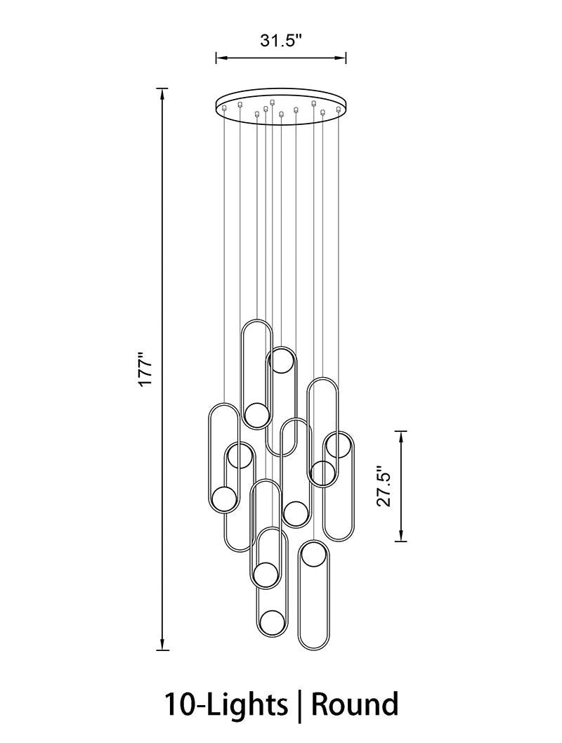 Gold and black 10-light chandelier, round base, frosted glass, adjustable height for stairwell foyer entryway