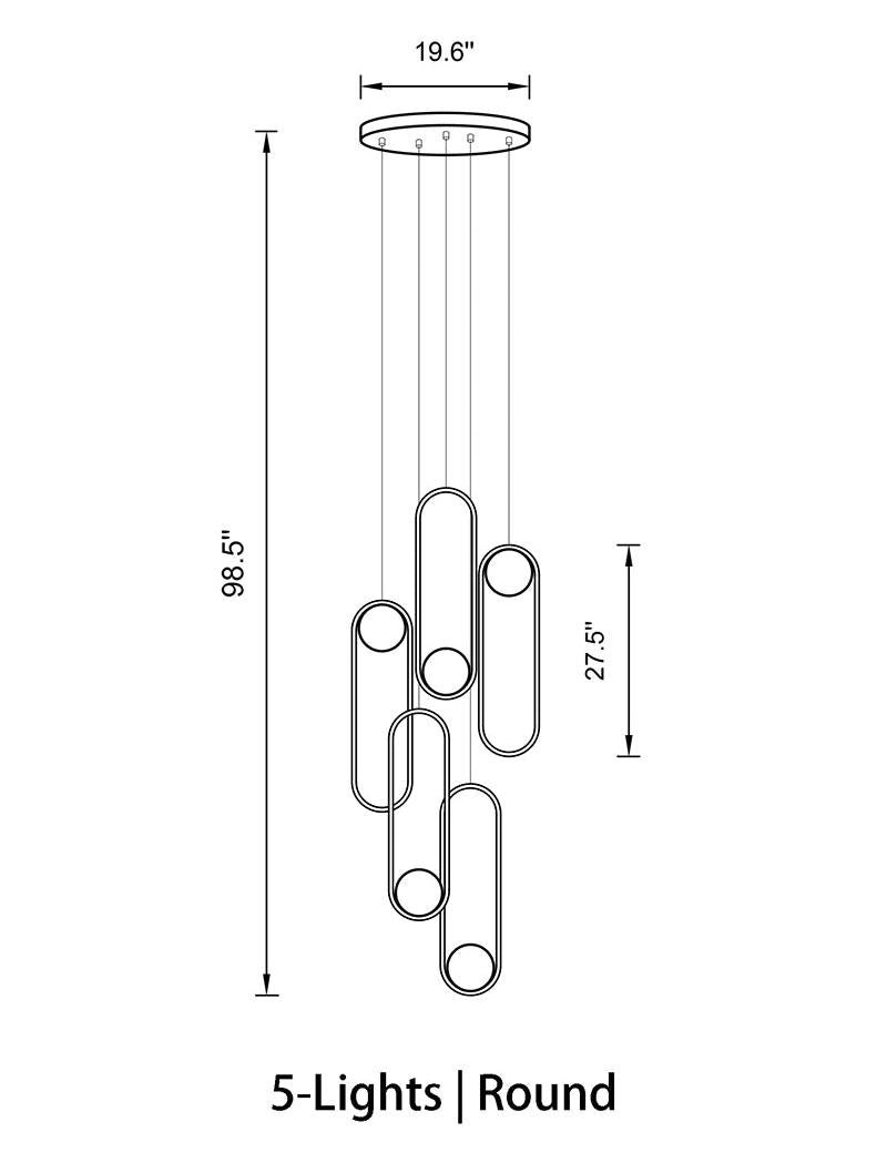 Gold and black 5-light pendant chandelier, round base for staircase foyer dining room lighting