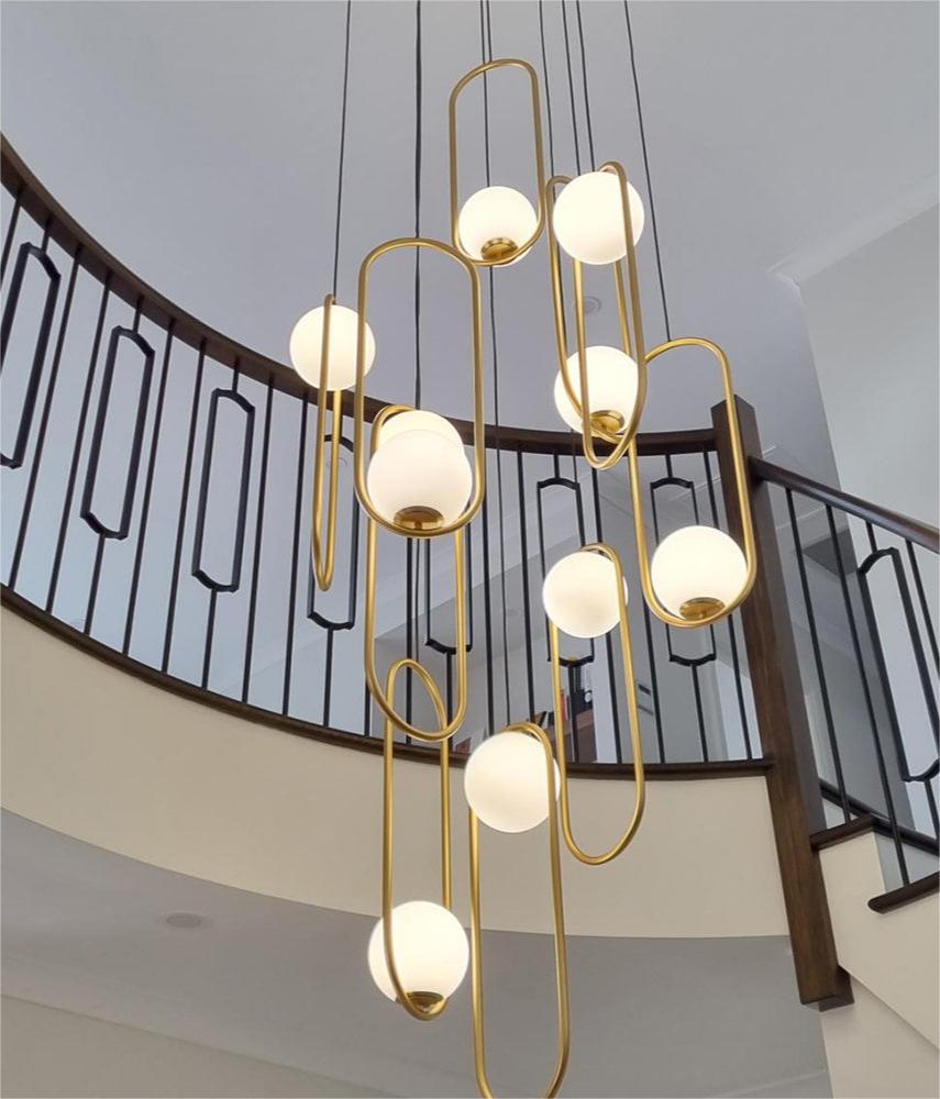 Modern gold 10-light chandelier, random hanging design for entryway foyer stairwell lighting fixture