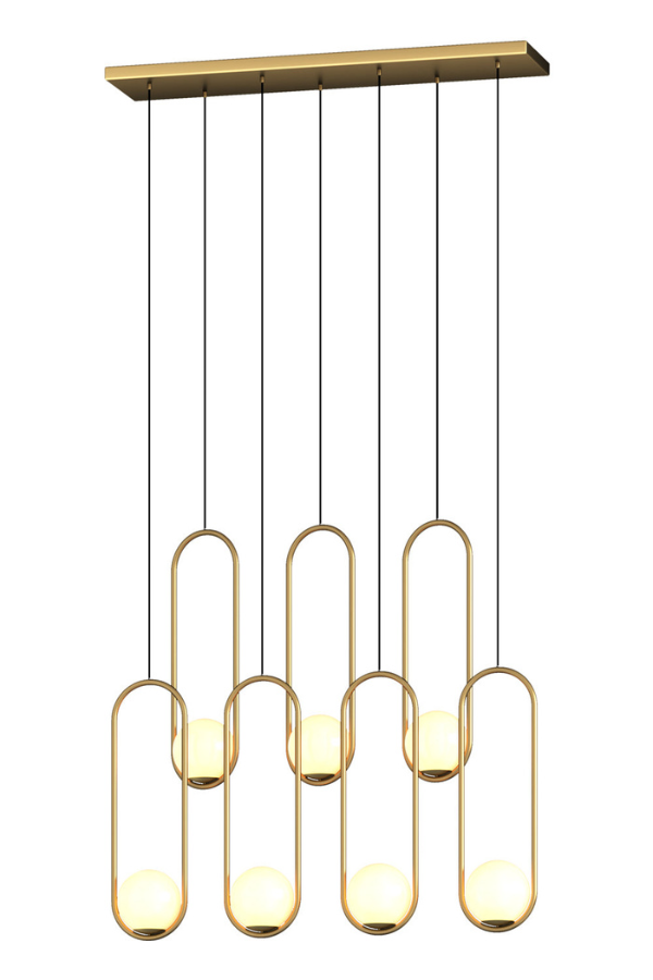 Modern gold 7-light pendant chandelier, rectangular base for kitchen island dining table lighting