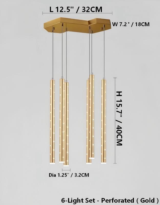 Gold pendant light fixture with dimensions on a gray background