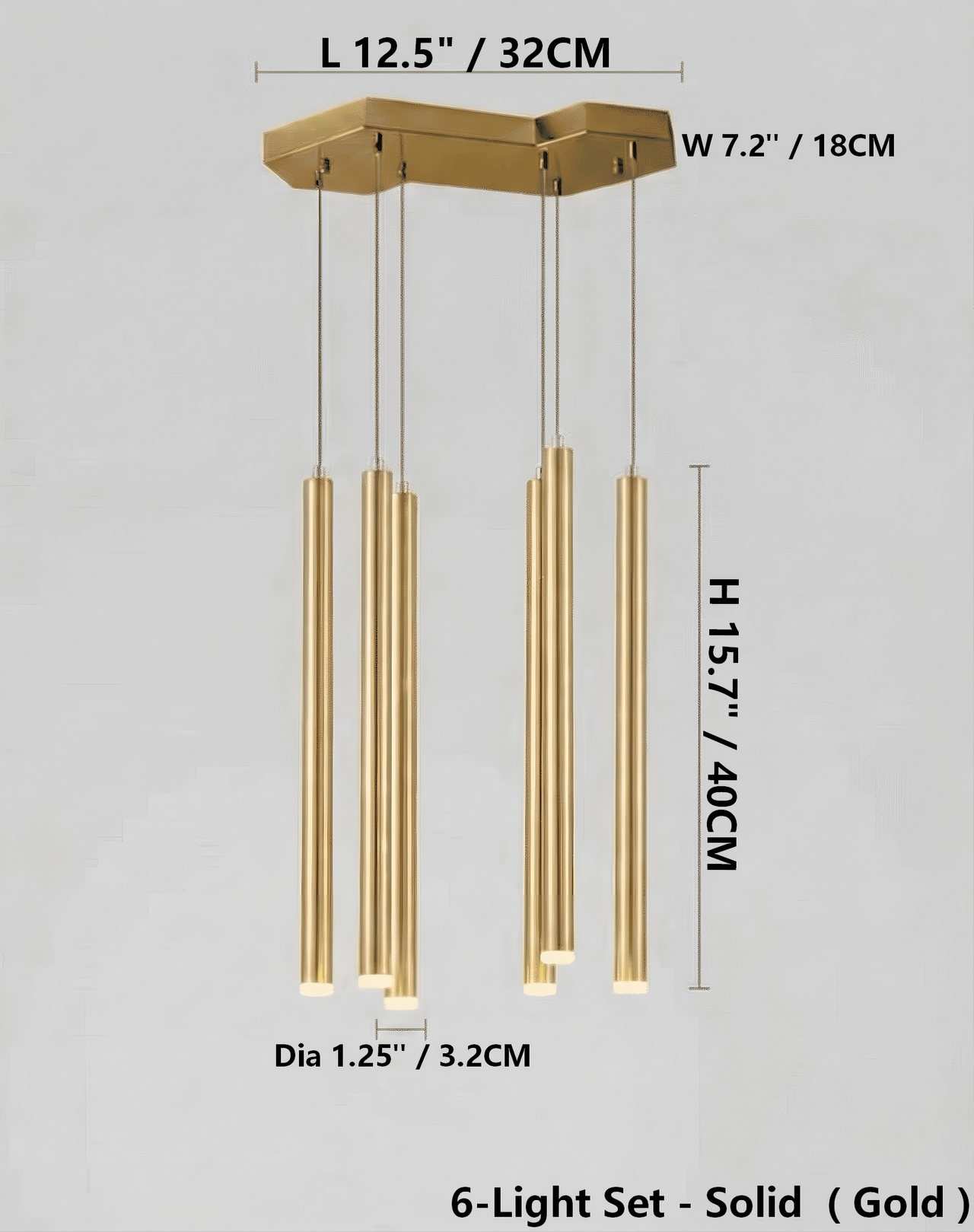 Gold pendant light fixture with dimensions on a gray background