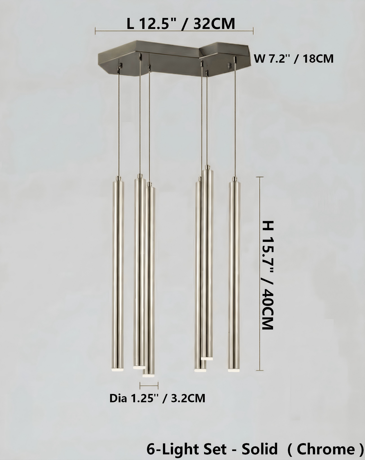 Chandelier with dimensions labeled on a light gray background