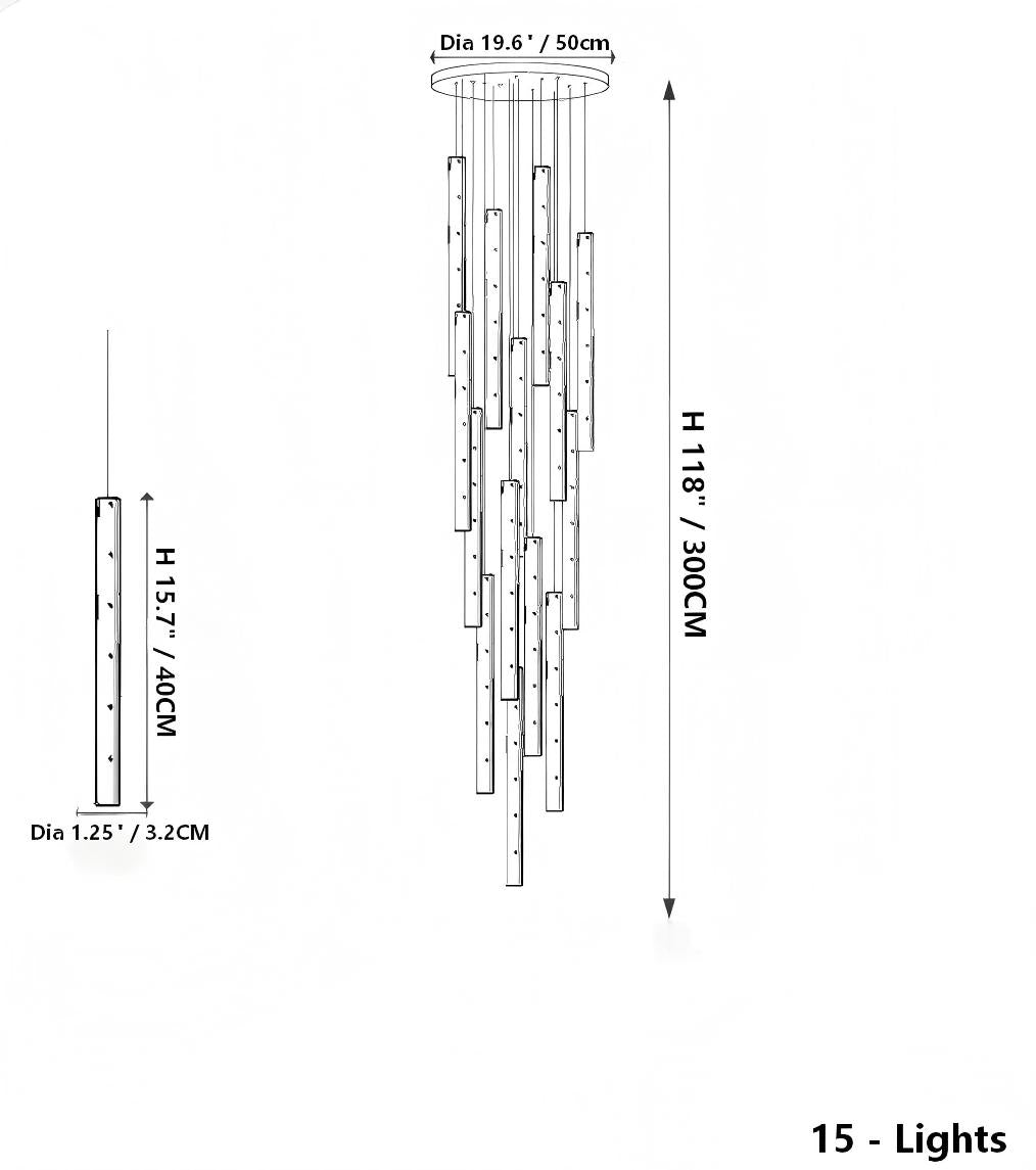 Measurement chart of a decorative hanging light fixture with dimensions.