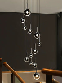 Thumbnail for Luxury ombre pendant chandelier for foyer, gradient black glass globes in mixed sizes for staircase high ceiling