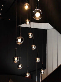 Thumbnail for Unique ombre bubble chandelier, gradient black glass globes in mixed sizes for staircase foyer high ceiling lighting