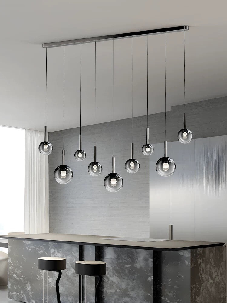 Ombre bubble glass chandelier, gradient black globes in mixed sizes for dining room foyer staircase high ceiling