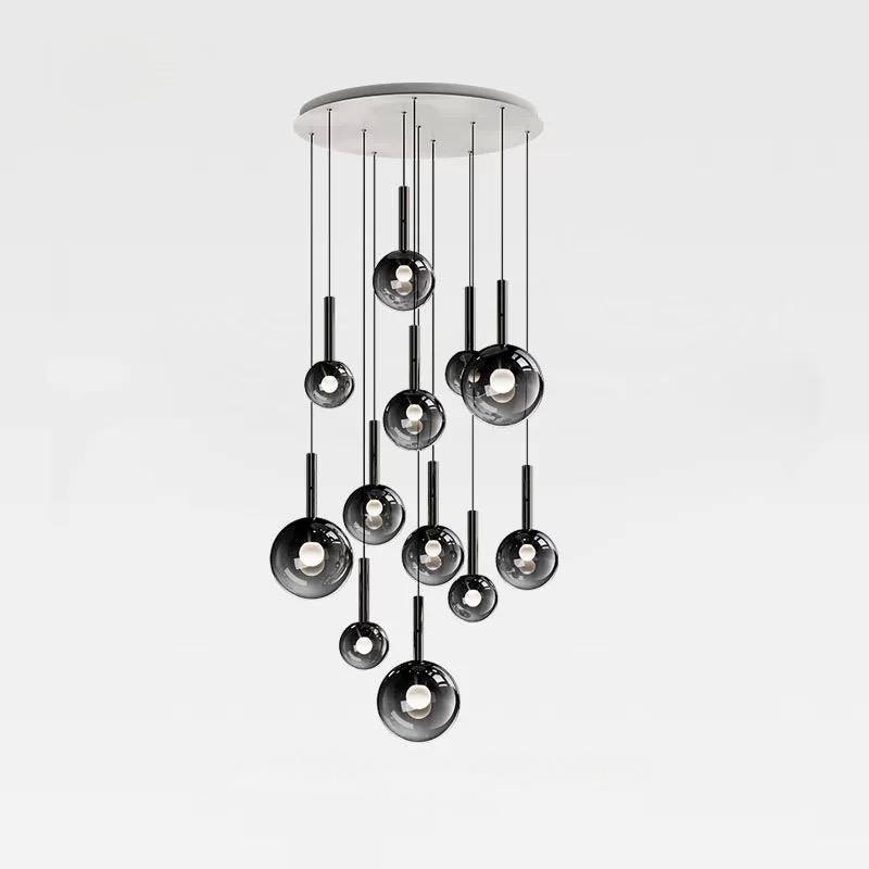 Bubble globe ombre chandelier, gradient black glass in mixed sizes for dining room foyer staircase high ceiling