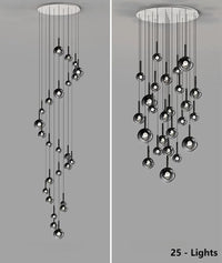 Thumbnail for This chandelier features 25 bubble-shaped, gradient pendant lights with black gradient glass spheres of varying sizes.  Both spiral and random arrangements are available, making it suitable for lighting spaces with high ceilings such as restaurants and lobbies.