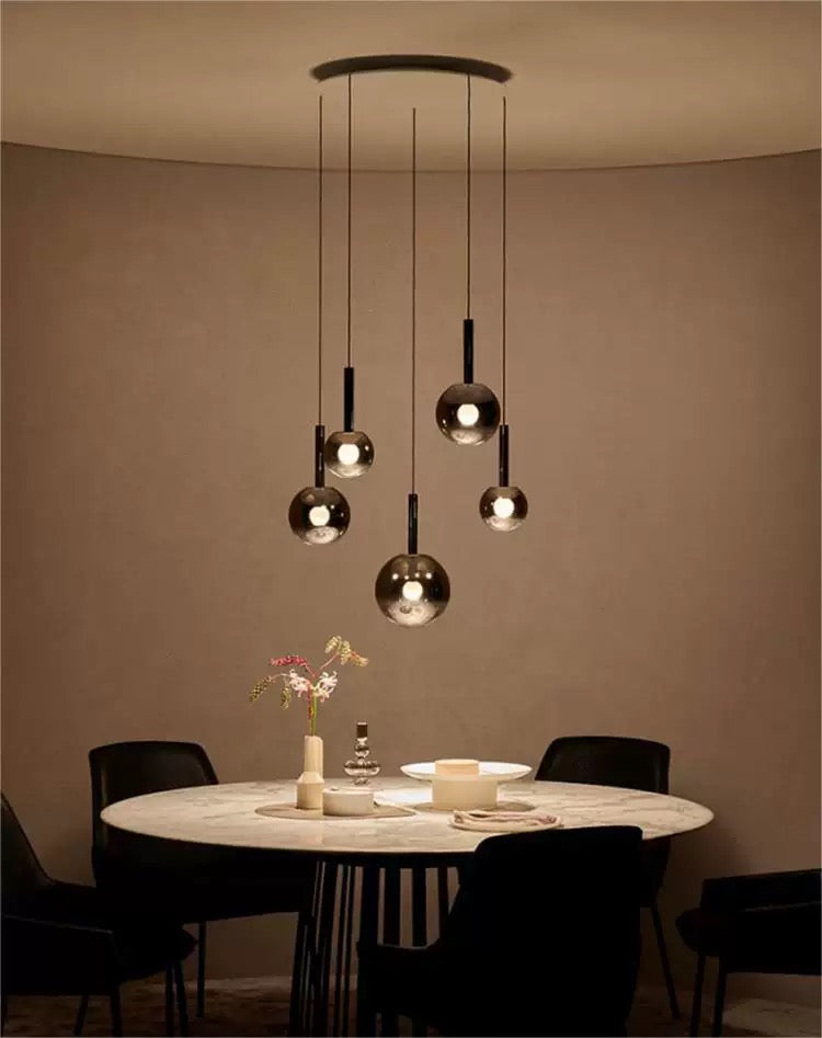 Large modern ombre glass chandelier for living room, gradient black globes in mixed sizes for foyer high ceiling