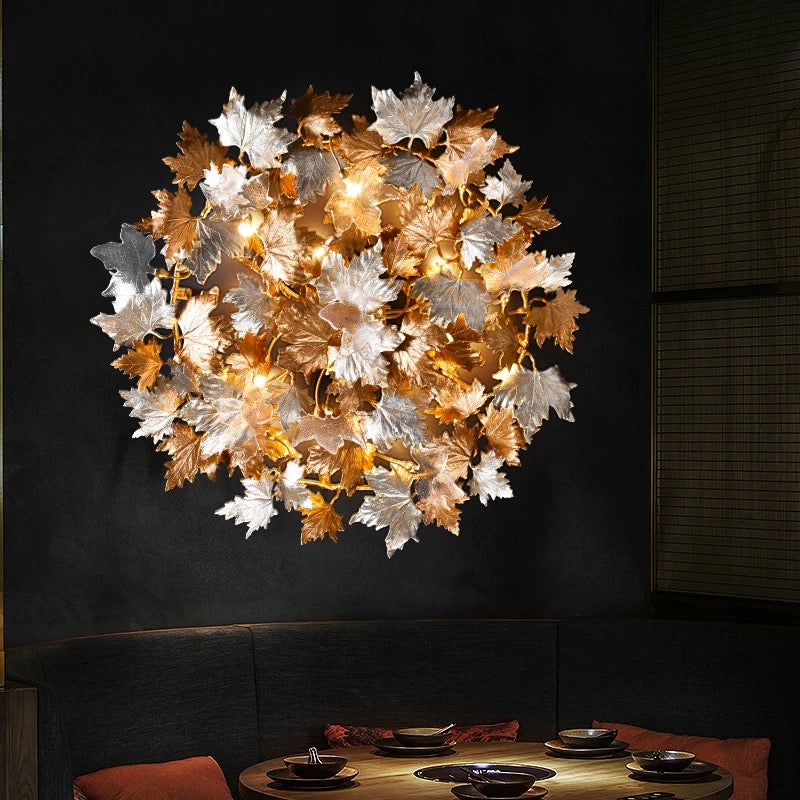 Luxury handcrafted copper leaf light fixture, rustic design for grand stairway foyer entryway ceiling lighting