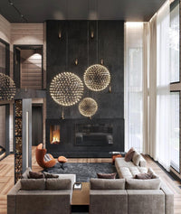 Thumbnail for A ceiling-mounted chandelier with spherical shapes featuring a grid of LED lights creating a starry pattern when illuminated.