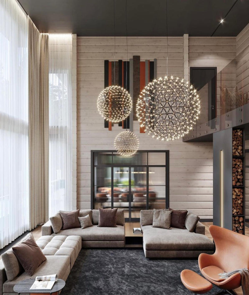 Modern LED firework chandelier in foyer, chrome starburst dandelion design for staircase entryway high ceiling