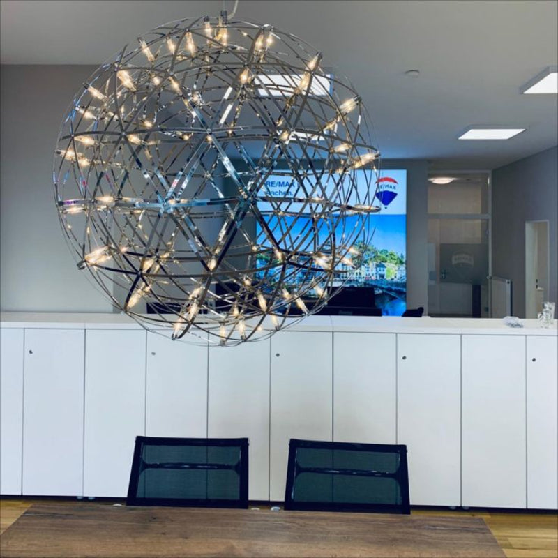 Modern chrome-plated LED chandelier with a starburst dandelion design, suitable for office reception areas.
