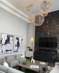 Thumbnail for Chrome firework chandelier in dining room, LED starburst dandelion design for modern interior high ceiling lighting