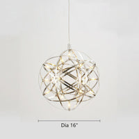 Thumbnail for A 16-inch diameter modern chrome chandelier with an LED starburst dandelion design, suitable for living rooms, dining rooms, foyers, and spaces with high ceilings.