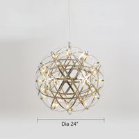 Thumbnail for A 24-inch diameter modern chrome chandelier with an LED starburst dandelion design, suitable for living rooms, dining rooms, foyers, and spaces with high ceilings. UL certified, with adjustable hanging height.