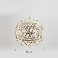 Thumbnail for A 28-inch diameter modern chrome chandelier with an LED starburst dandelion design, suitable for living rooms, dining rooms, foyers, and spaces with high ceilings. UL certified, with adjustable hanging height.