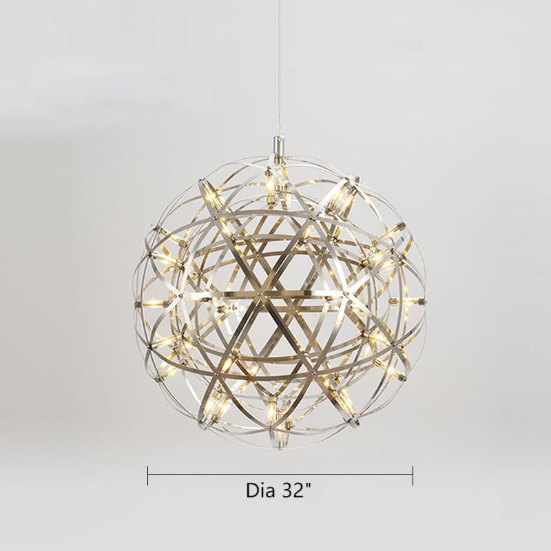 A 32-inch diameter modern chrome chandelier with an LED starburst dandelion design, suitable for living rooms, dining rooms, foyers, and spaces with high ceilings. UL certified, with adjustable hanging height.