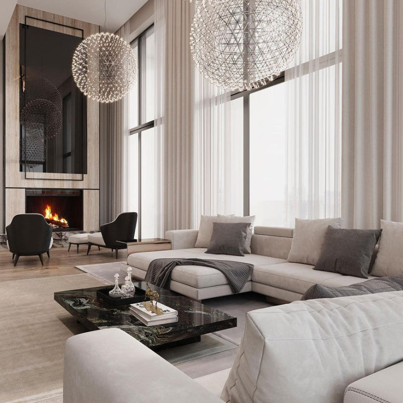 Chrome-plated firework starburst chandelier with LED dandelion design, suitable for ceiling lighting in foyers and entryways.