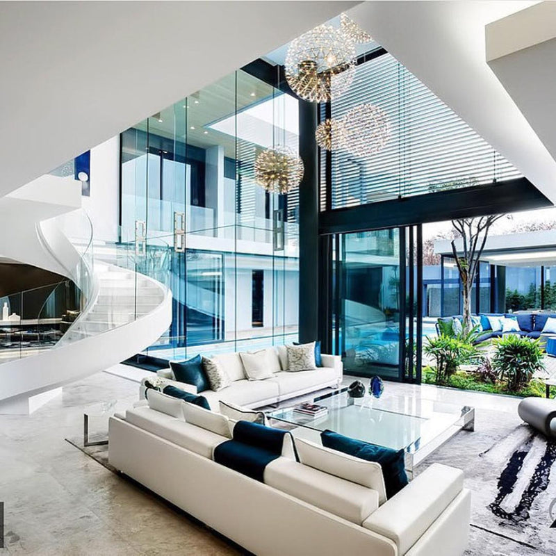 Modern LED firework chandelier in dining room, chrome starburst dandelion design for foyer high ceiling lighting