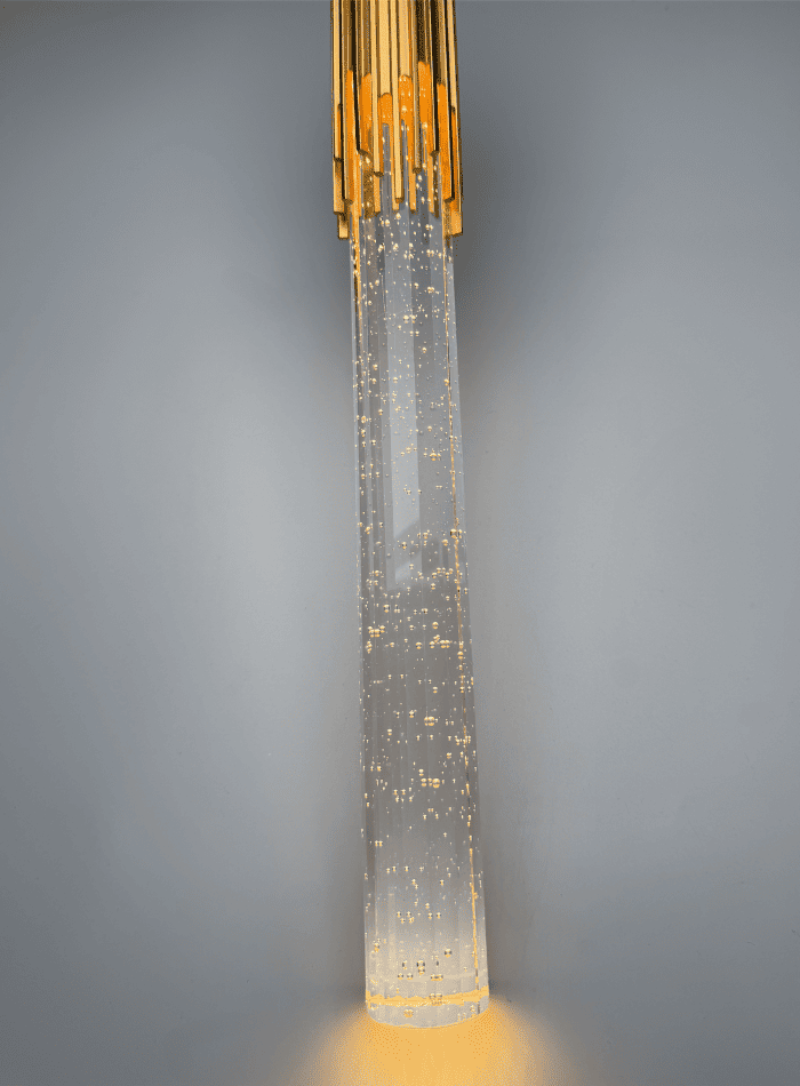 Bespoke long crystal chandelier, meteor shower spiral design with 3D bubbles for grand staircase foyer lighting