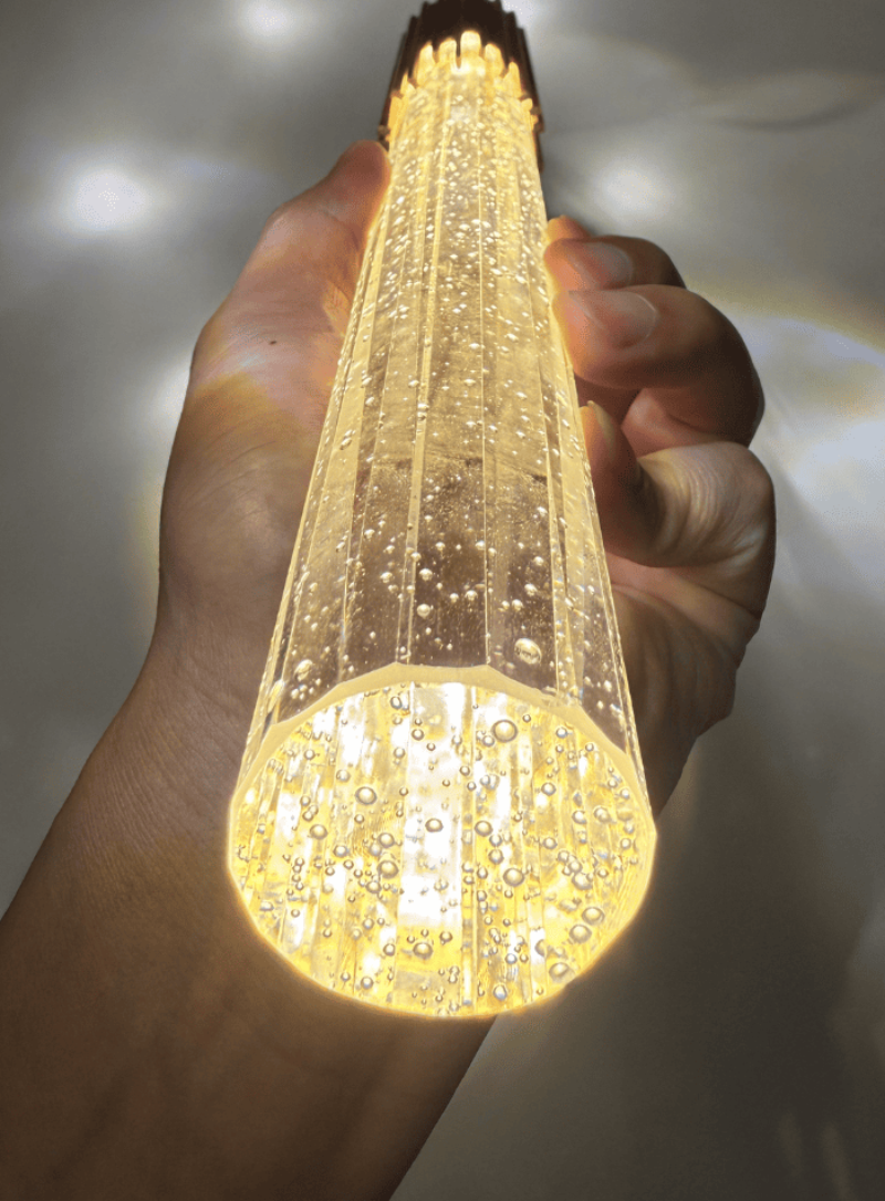 Designer long crystal chandelier lighting, meteor shower spiral with laser bubbles for high ceiling stairwell foyer