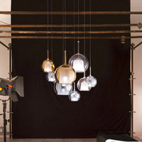 Thumbnail for Multi-color art glass chandelier, mixed size spheres in chrome gold blue smoke for dining room foyer high ceiling