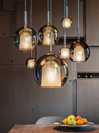 Thumbnail for Multi-color art glass chandelier for staircase, mixed size spheres in chrome gold blue for foyer high ceiling
