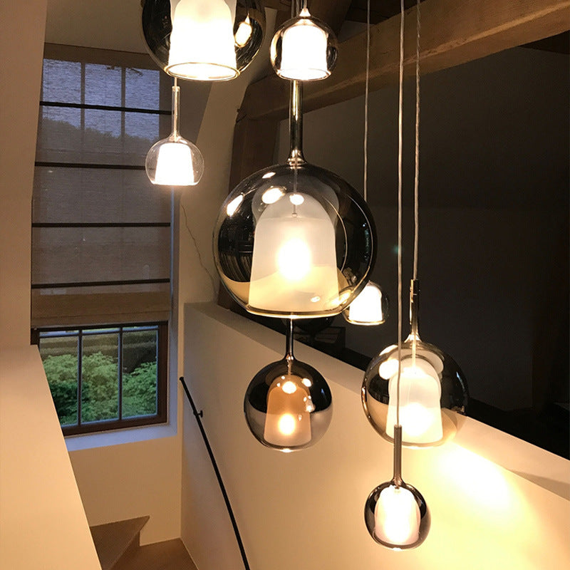 Modern multi-color art glass chandelier for dining room, mixed size spheres for foyer staircase high ceiling lighting