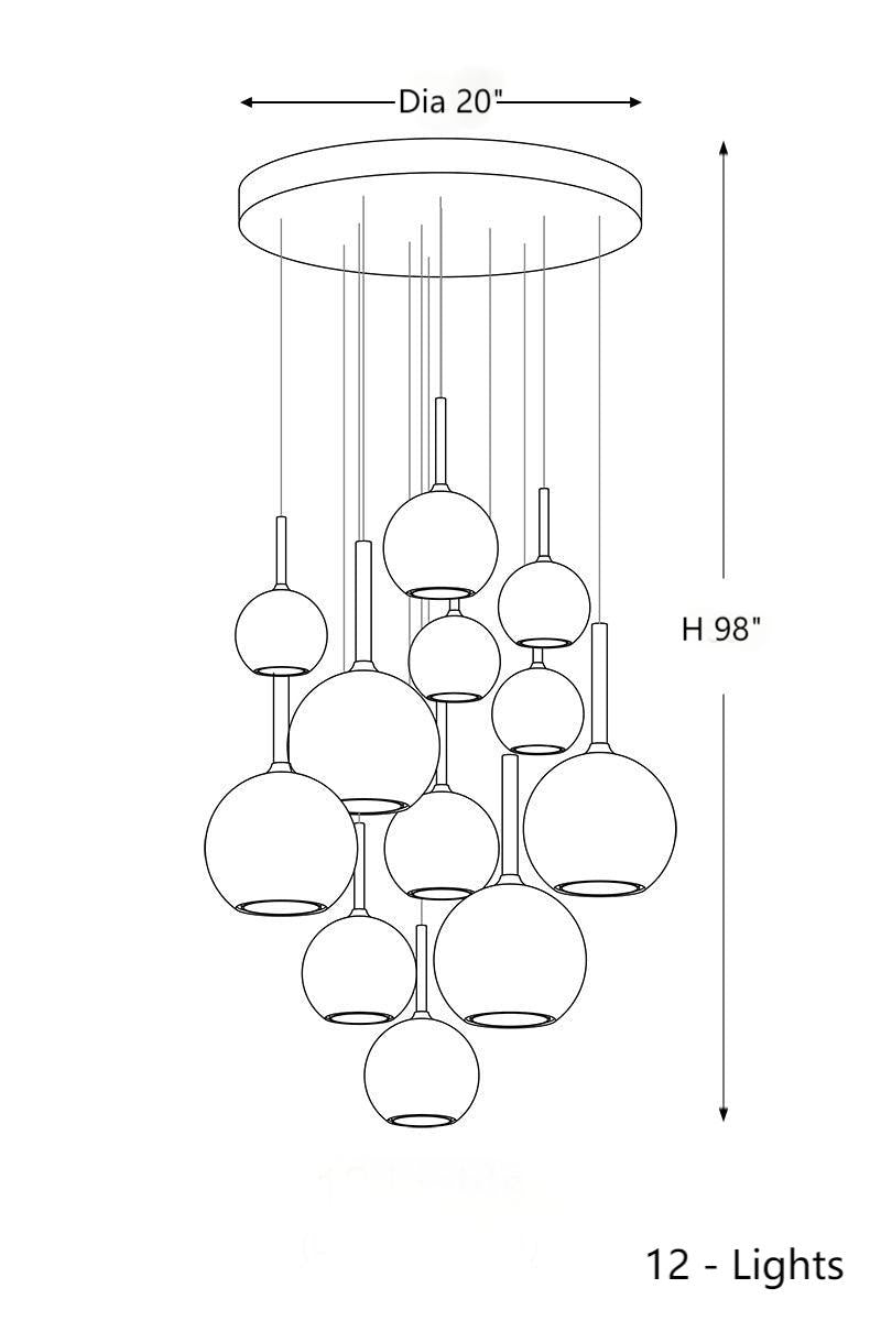 
This 12-light glass bubble art chandelier is composed of spheres of varying sizes and comes in multiple colors including chrome, gold, blue, and smoky gray, making it suitable for dining room or foyer lighting.