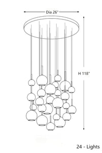 Thumbnail for This 24-light multi-colored art glass chandelier, composed of spherical lampshades of varying sizes, is suitable for spaces with high ceilings such as restaurants, foyers, and stairwells.