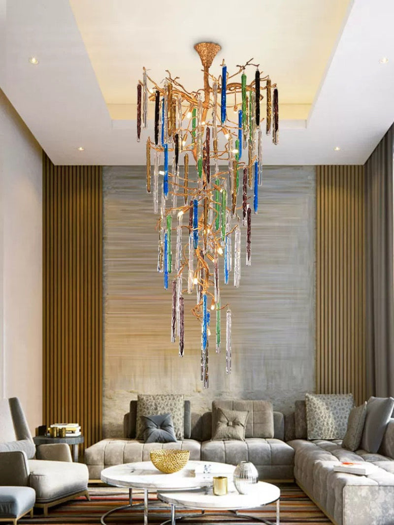 Premium handcrafted copper crystal cascade chandelier, waterfall design for grand entrance foyer staircase